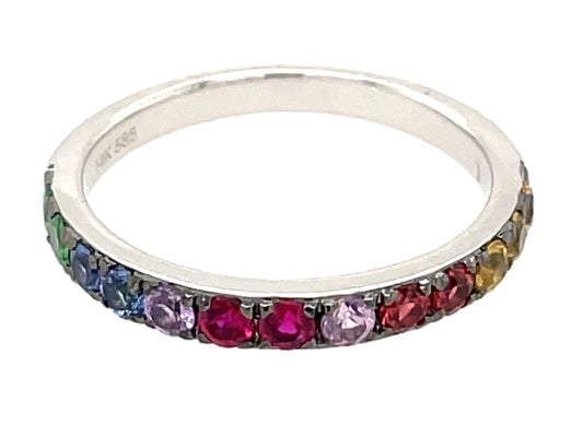 1 ROW RAINBOW SAPPHIRE, RUBY & TSAVORITE RING, 14KW (H/N)