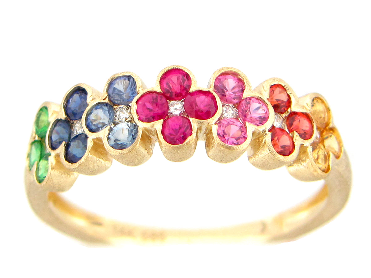 RAINBOW SAPPH, TSAV & DIAMOND 3 ROW RING, SATIN FINISH, 14KY (H/U/N)