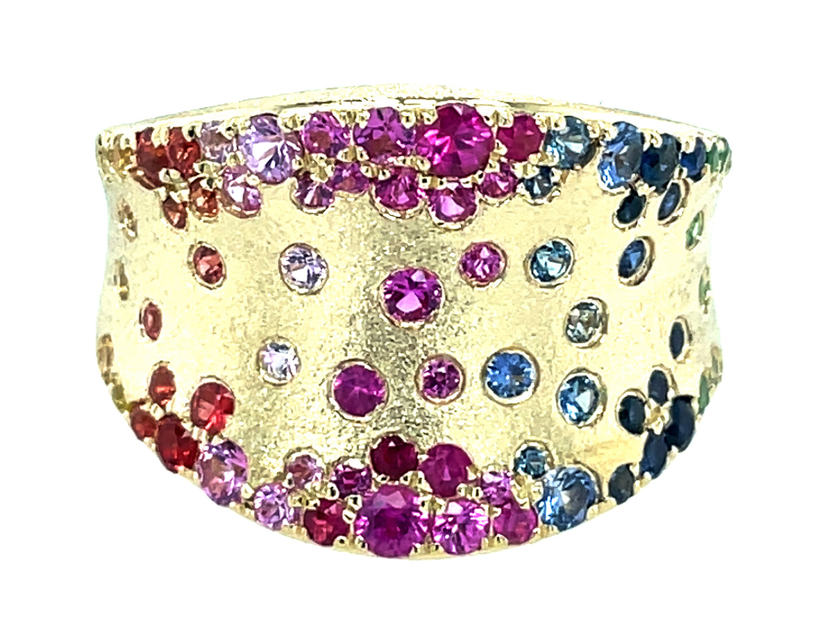 RAINBOW SAPPHIRE, RUBY & TSAVORITE SADDLE CONFETTI RING, 15MM, SATIN FINISH
