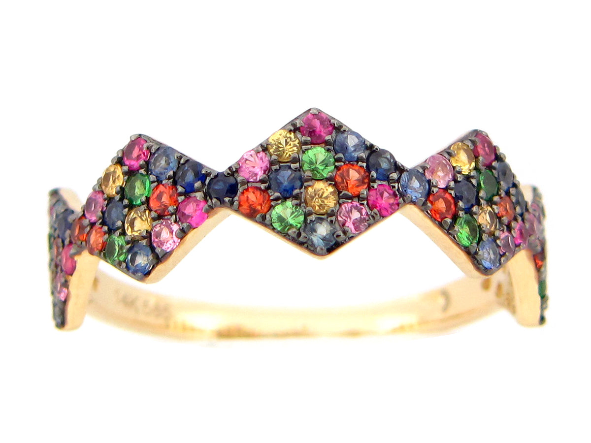 RAINBOW SAPPHIRE, TSAVORITE & RUBY PAVE DIAMOND SHAPE  RING, 14KY (H/U/N)