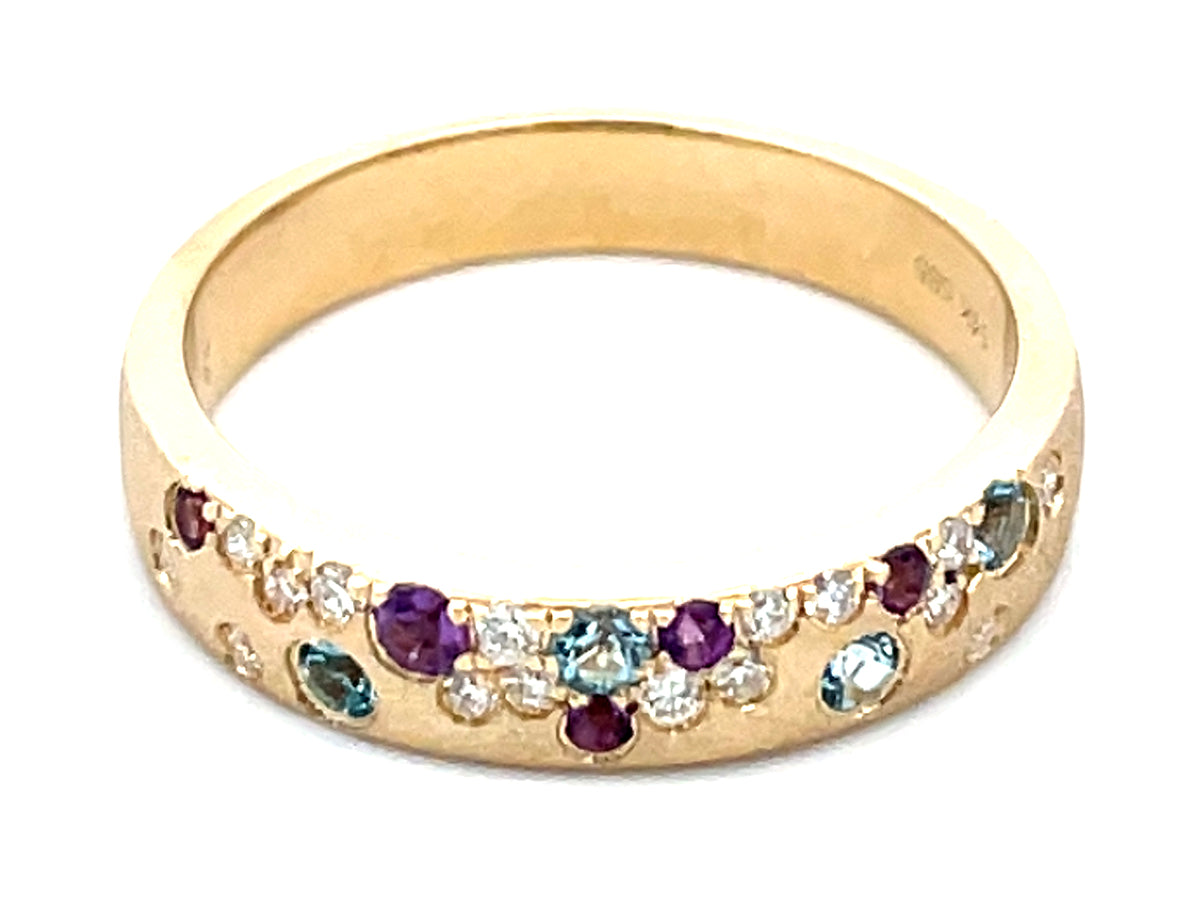 AMETHYST, AQUA & DIAMOND FLUSH SET RING, 4 MM,  SATIN FINISH, 14KY