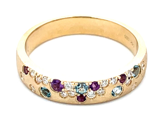 AMETHYST, AQUA & DIAMOND FLUSH SET RING, 4 MM,  SATIN FINISH, 14KY