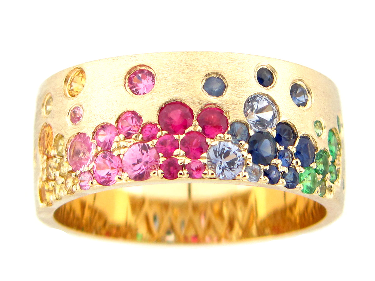 RAINBOW SAPPHIRE (H) & TSAVORITE (N) FLUSH SET RING, SATIN FINISH, 14KY