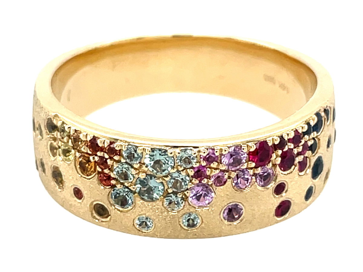 RAINBOW SAPPHIRE & ALEXANDRITE FLUSH SET CIGAR BAND, 8.2MM, SIZE 11.5, CLOSED BACK, SATIN FINISH
