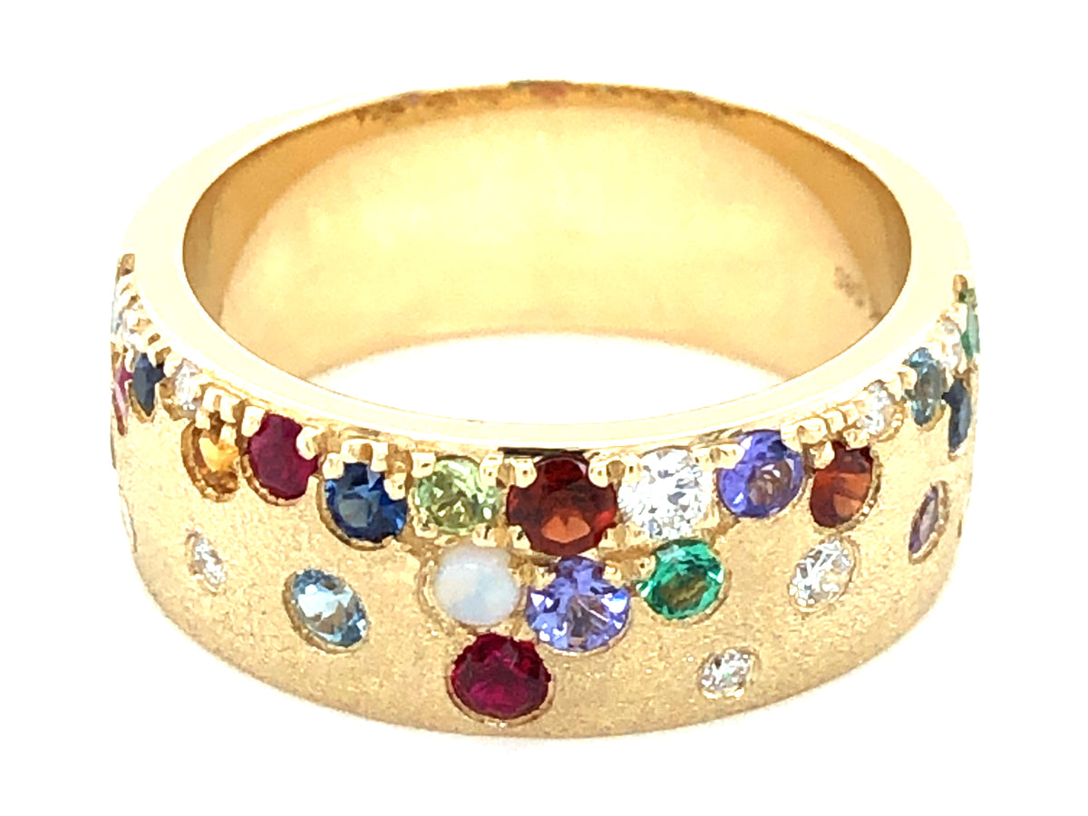 DIA, TANZ, RUBY,GARNET, AQUA, PERIDOT,SAPP, EMERALD, CITRINE& AMETHYST FLUSH SET BAND 8.7MM, SATIN FINISH, 14KY (N/H/O/R)