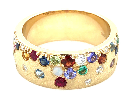 DIA, TANZ, RUBY,GARNET, AQUA, PERIDOT,SAPP, EMERALD, CITRINE& AMETHYST FLUSH SET BAND 8.7MM, SATIN FINISH, 14KY (N/H/O/R)