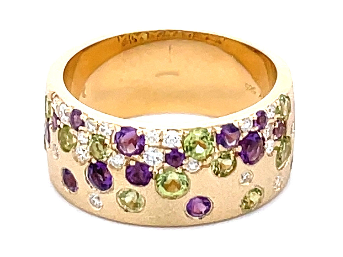 AMETHYST. PERIDOT & DIAMOND FLUSH SET BAND, 8.7MM, SATIN FINISH, 14KY, SIZE 6 1/4