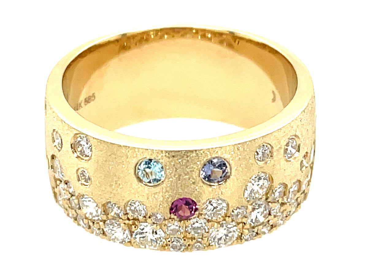 TANZANITE, RHODOLITE, SWISS BLUE TOPAZ & DIAMOND FLUSH SET BAND 8.7 MM, SATIN FINISH