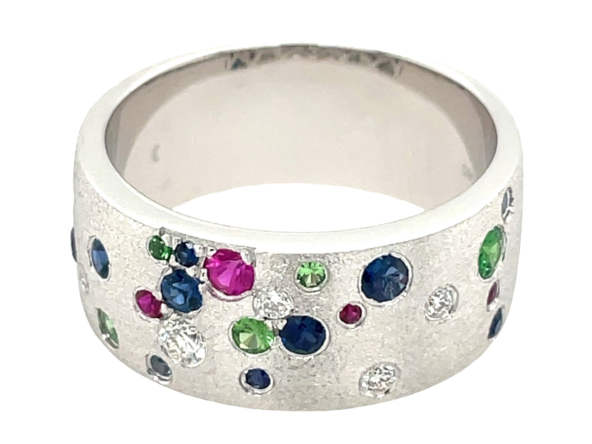 SAPPHIRE, RUBY, TSAVORITE & DIAMOND FLUSH SET BAND, 8.7MM, SATIN FINISH