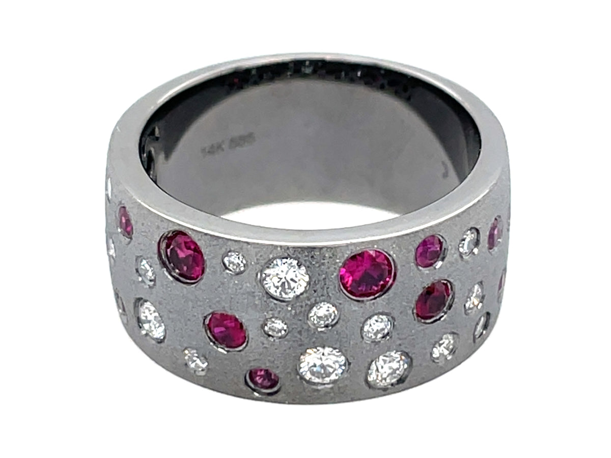 RUBY & DIAMOND FLUSH SET BAND, SATIN FINISH, 14K BLACK FINISH, SIZE 6