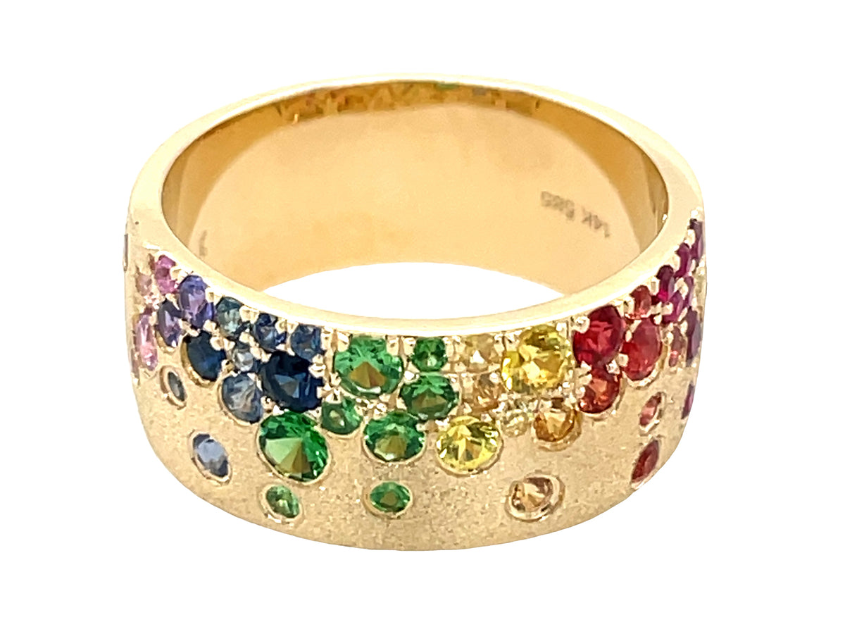 RAINBOW & PURPLE SAPPHIRE & TSAVORITE FLUSH SET CIGAR BAND, 8.7MM RING,14KY SATIN FINISH