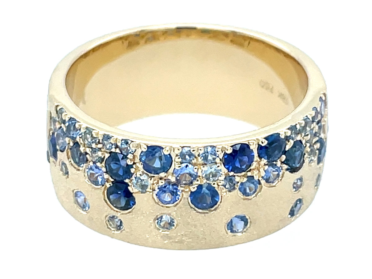 Sapphire Mix Blue Flush Set Cigar Band, 8.7mm Ring, Satin Finish, 18ky (H)