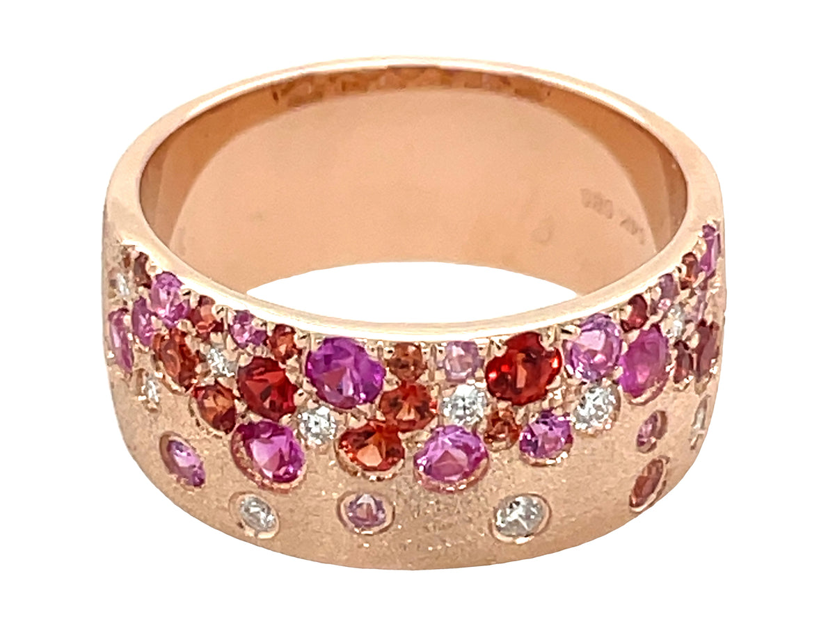 PINK & ORANGE SAPPHIRE & DIAMONDS FLUSH SET CIGAR BAND 8.7MM RING, SATIN FINISH, 14KR (H/U/N)