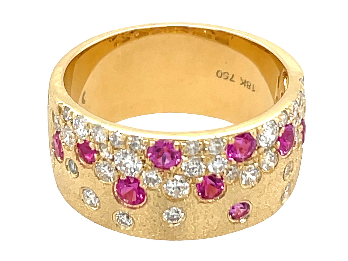 PINK SAPPHIRE & DIAMOND FLUSH SET CIGAR BAND, 8.7MM RING, 18KY SATIN FINISH