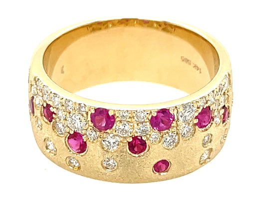 RUBY & DIAMOND FLUSH SET CIGAR BAND 8.7MM RING, SATIN FINISH, 14KY (H)