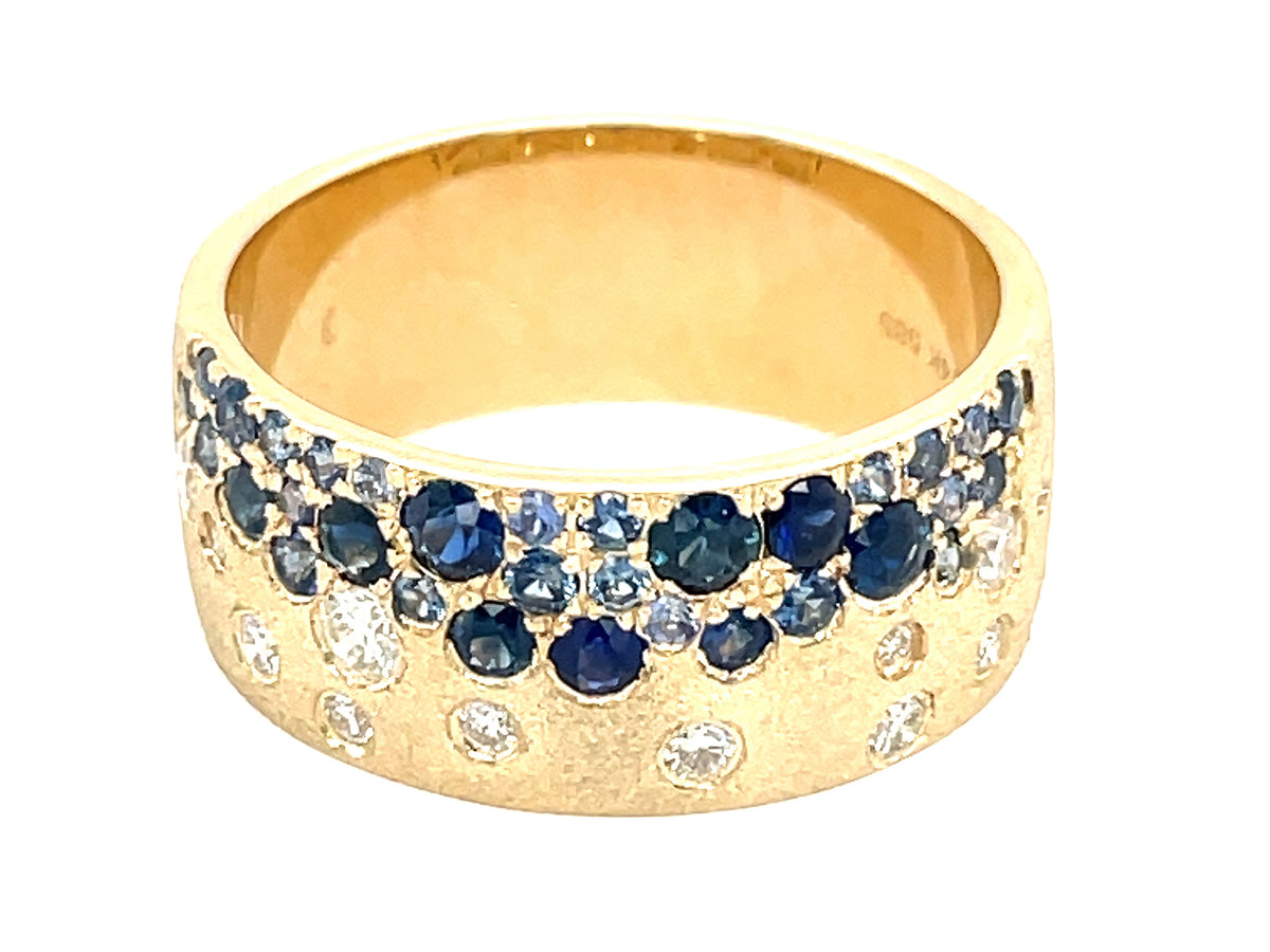 SAPPHIRE & DIAMOND FLUSH SET CIGAR BAND 8.7MM RING, SATIN FINISH