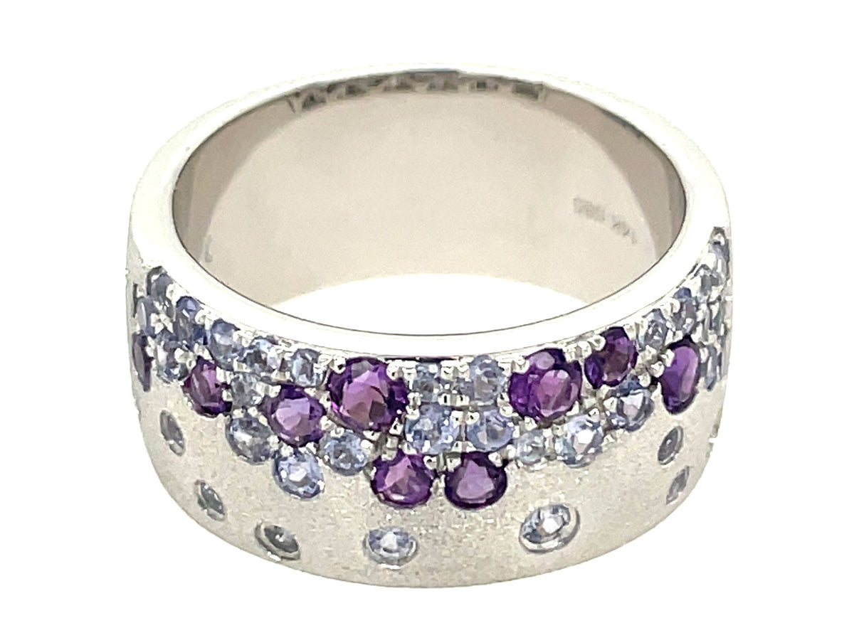 TANZANITE & AMETHYST FLUSH SET CIGAR BAND 8.7MM RING, SATIN FINISH