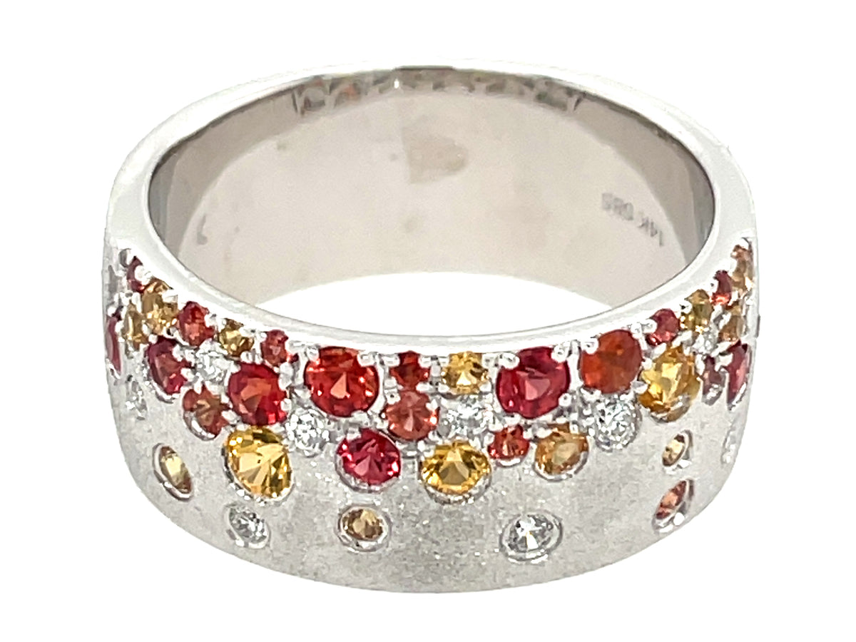 ORANGE, YELLOW SAPPHIRE & DIAMOND FLUSH SET CIGAR BAND, 8.7MM, SIZE 8, SATIN FINISH, 14KW (H/U/N)