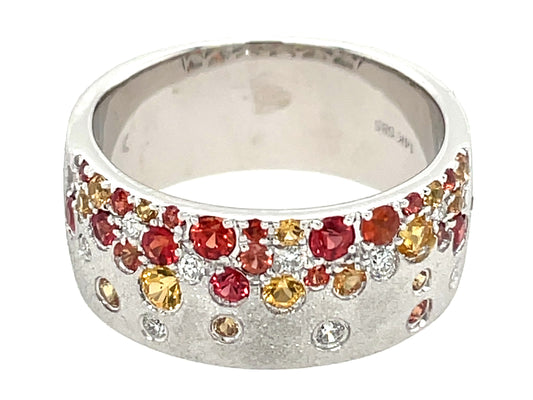ORANGE, YELLOW SAPPHIRE & DIAMOND FLUSH SET CIGAR BAND, 8.7MM, SIZE 8, SATIN FINISH, 14KW (H/U/N)