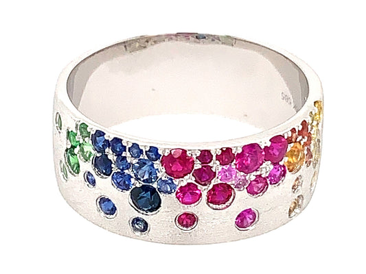 Rainbow Sapphire Tsavorite Flush Set Cigar Band Ring, 8.7mm, Satin Finish, 14kw (H/U/N)