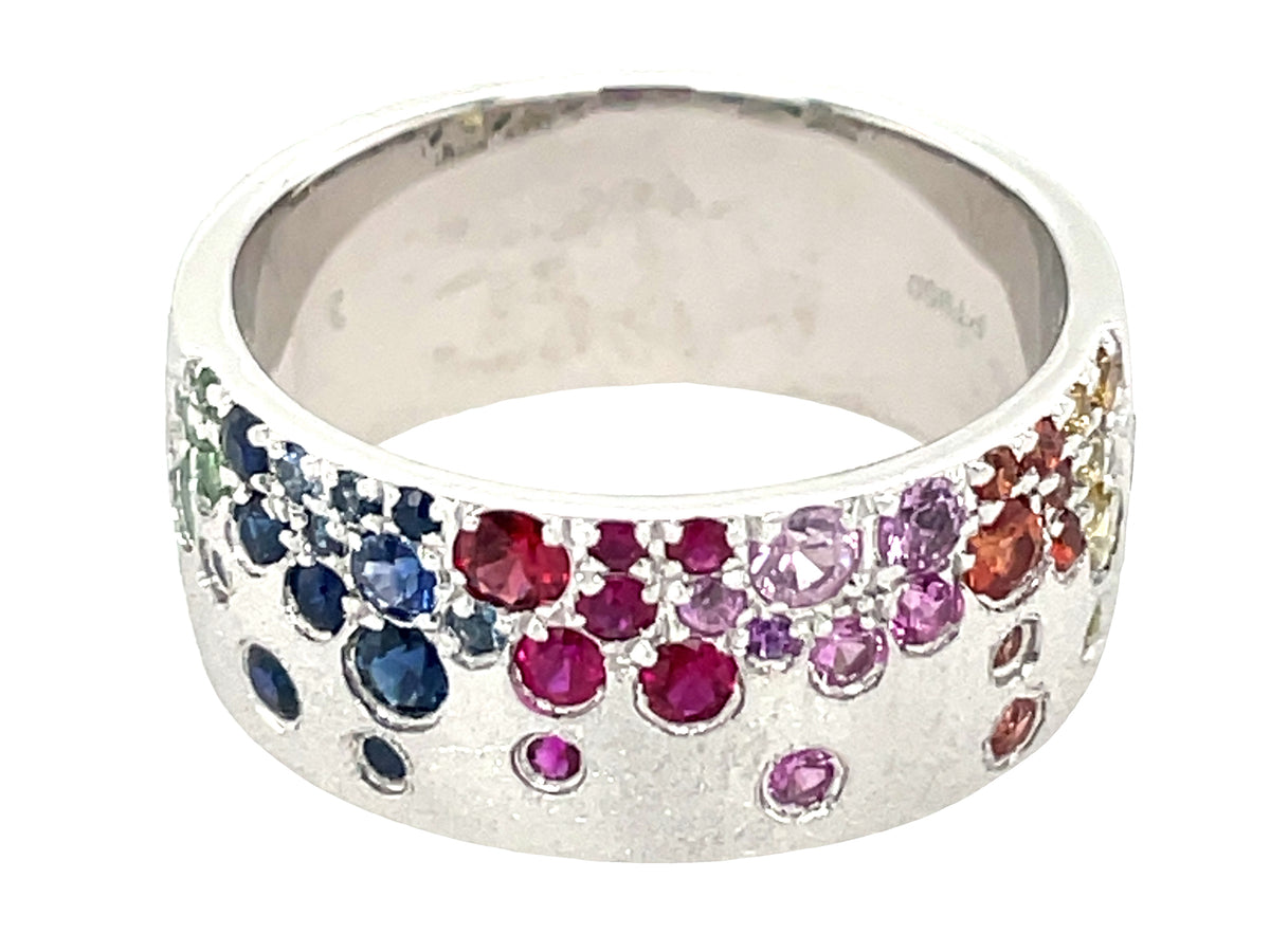 RAINBOW SAPPHIRE & TSAVORITE FLUSH SET CIGAR BAND RING, 8.7MM, SATIN FINISH, PLAT  (H/U/N)