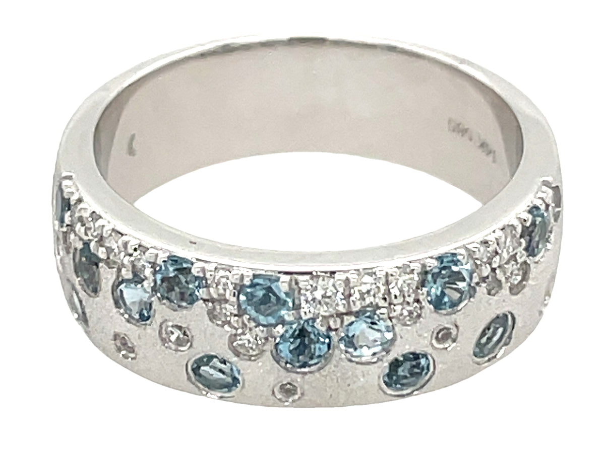 AQUAMARINE & DIAMOND FLUSH SET RING, 5.75MM, SATIN FINISH, 14KW (H)