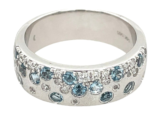 AQUAMARINE & DIAMOND FLUSH SET RING, 5.75MM, SATIN FINISH, 14KW (H)