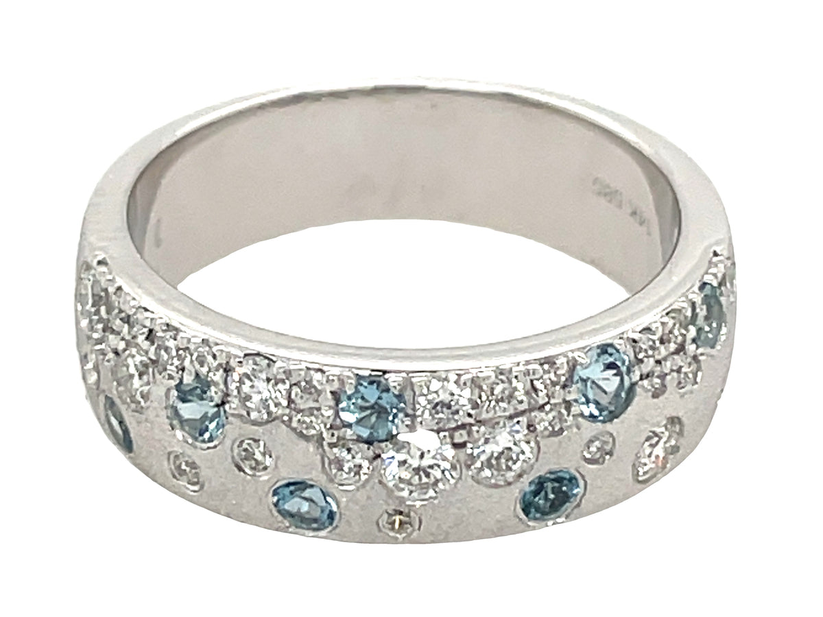 AQUAMARINE & DIAMOND FLUSH SET RING, 5.75MM, SATIN FINISH, 14KW (H)