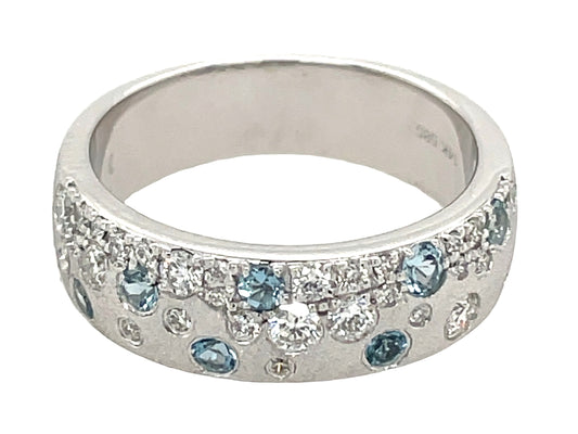 AQUAMARINE & DIAMOND FLUSH SET RING, 5.75MM, SATIN FINISH, 14KW (H)