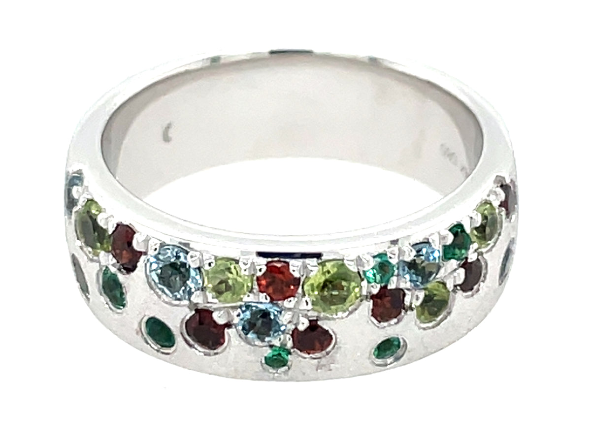 Garnet, Emerald, Aquamarine Peridot Flush Set Band, 5.75mm, Size 6.5, Satin Finish