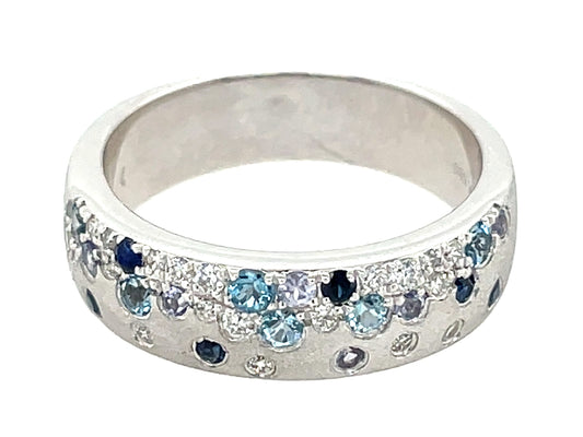 BLUE SAPPHIRE, TANZANITE, AQUAMARINE & DIAMOND CUSTOM RING, 5.7MM, SATIN FINISH, 14KW (H) C=0.43 D=0.17