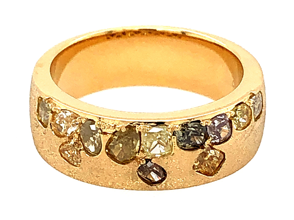 NATURAL FANCY COLOR DIAMOND FLUSH SET CIGAR BAND, 6.5 MM RING, SATIN FINISH