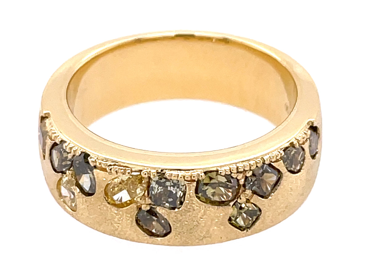 NATURAL FANCY COLOR DIAMOND FLUSH SET CIGAR BAND, 6.5 MM RING, SATIN FINISH