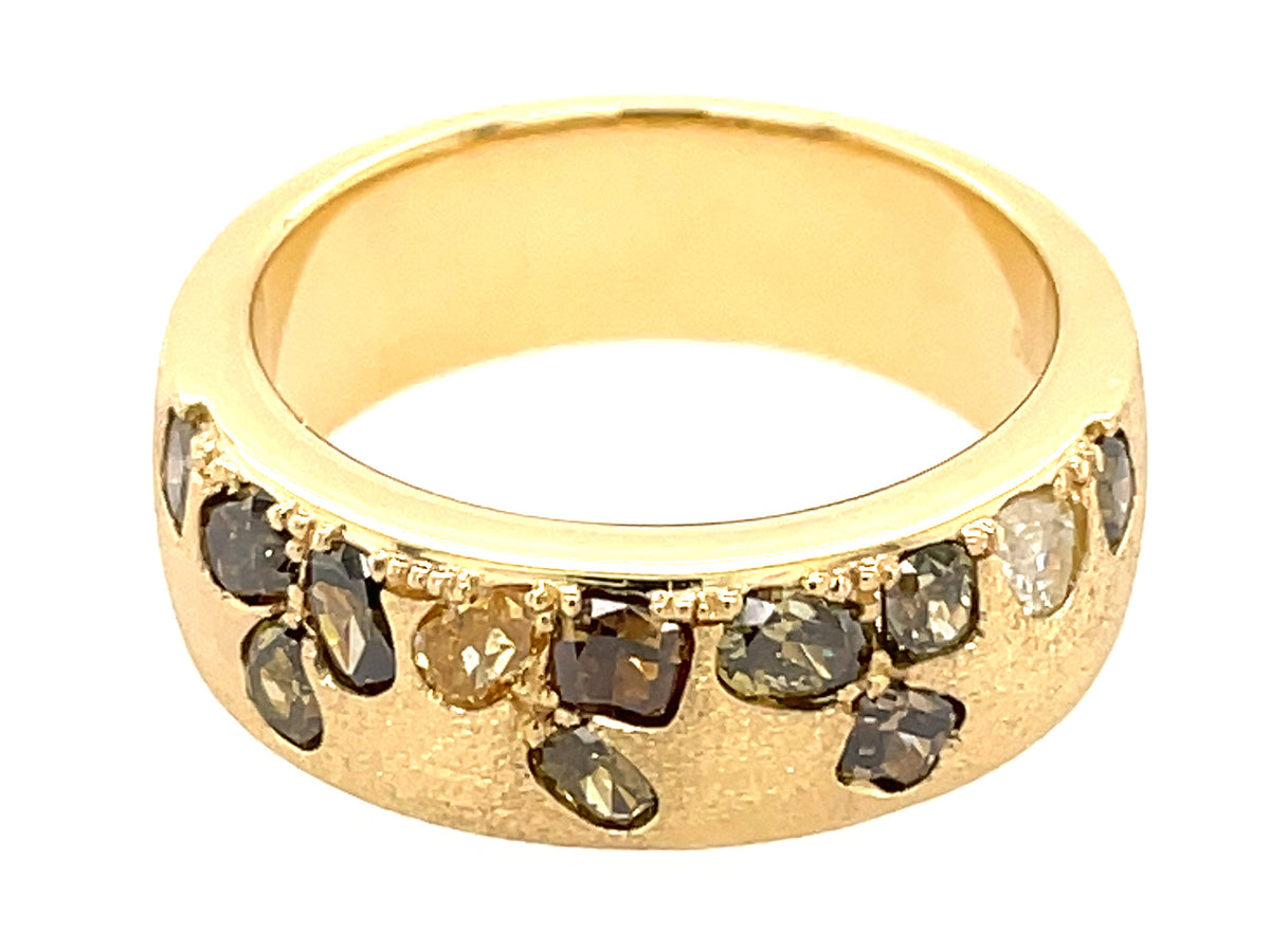 NATURAL FANCY COLOR DIAMOND FLUSH SET CIGAR BAND, 7.5 MM RING, SATIN FINISH