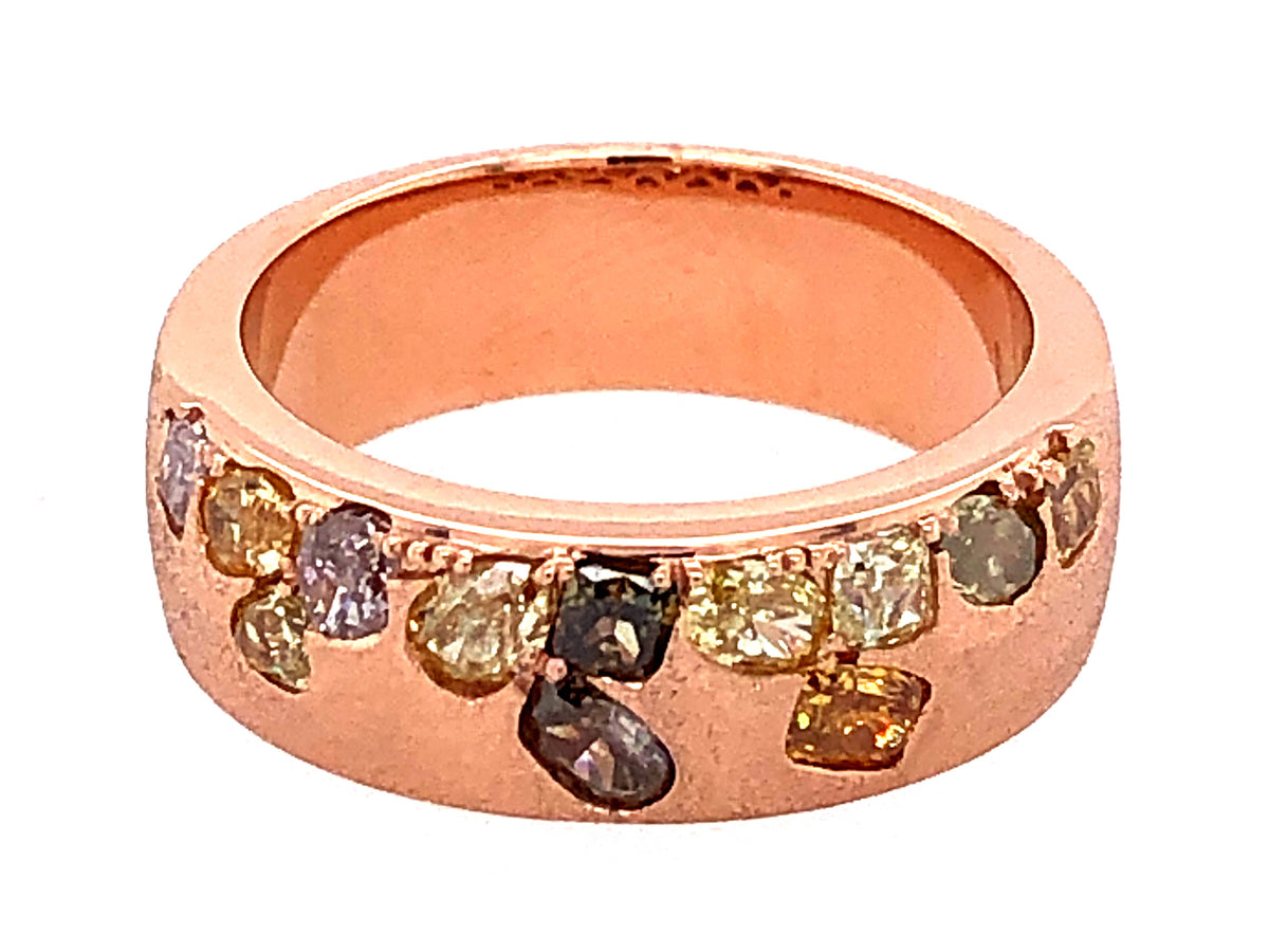 NATURAL FANCY COLOR DIAMOND FLUSH SET CIGAR BAND, 6.5 MM RING, SATIN FINISH, 18KR (N)