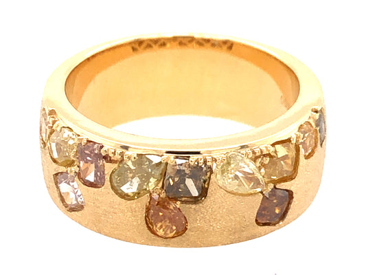 NATURAL FANCY COLOR DIAMOND FLUSH SET CIGAR BAND, 6.5 MM RING, SATIN FINISH, 18KY (N)