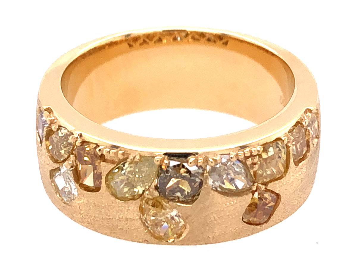 NATURAL FANCY COLOR DIAMOND FLUSH SET CIGAR BAND, 6.5 MM RING, SATIN FINISH, 18KY (N)