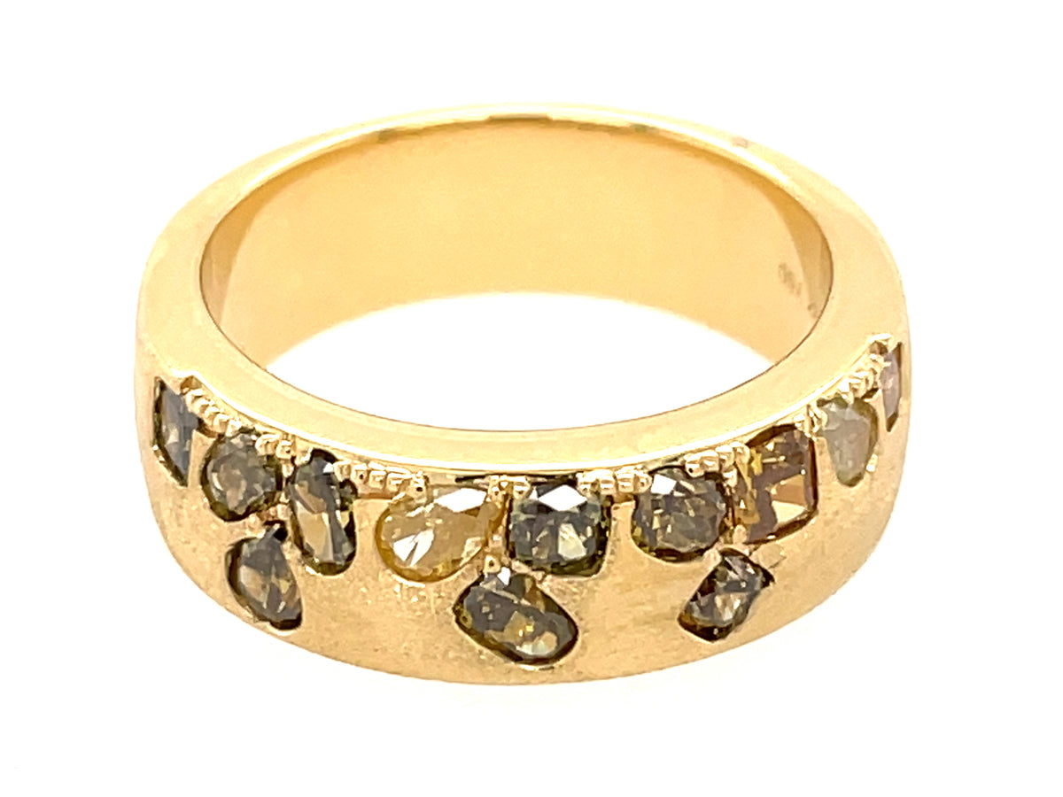 NATURAL FANCY COLOR DIAMOND FLUSH SET CIGAR BAND, 7.5 MM RING, SATIN FINISH