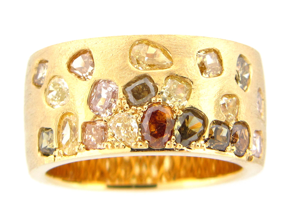 NATURAL FANCY COLOR DIAMOND FLUSH SET CIGAR BAND, 9.7MM, RING, SATIN FINISH