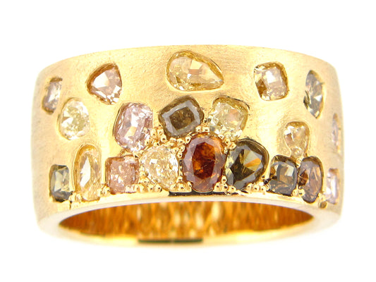 NATURAL FANCY COLOR DIAMOND FLUSH SET CIGAR BAND, 9.7MM, RING, SATIN FINISH