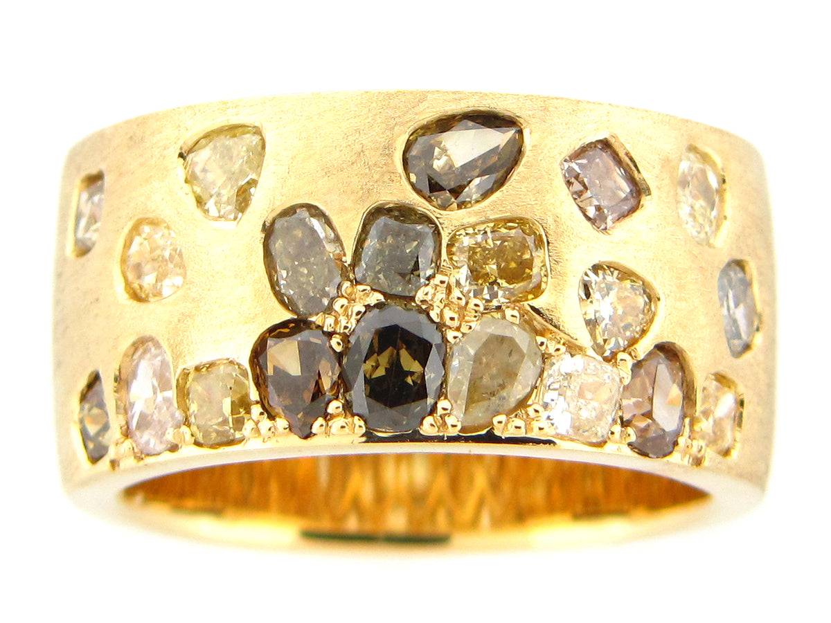 NATURAL FANCY COLOR DIAMOND FLUSH SET CIGAR BAND, 9.7MM, RING, SATIN FINISH