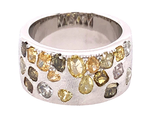NATURAL FANCY COLOR DIAMOND FLUSH SET CIGAR BAND, 9.7MM, SATIN FINISH