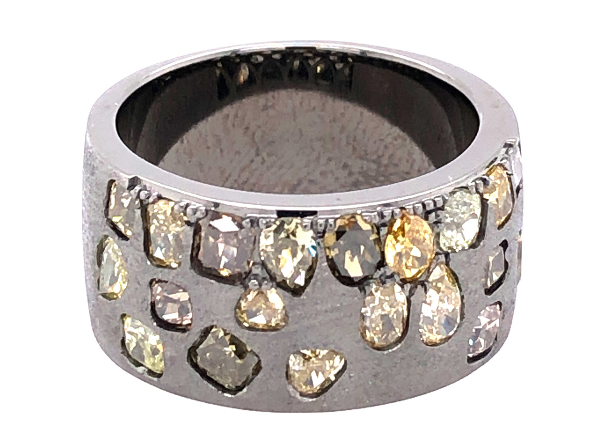 NATURAL FANCY COLOR DIAMOND FLUSH SET CIGAR BAND, 9.7MM, SATIN FINISH