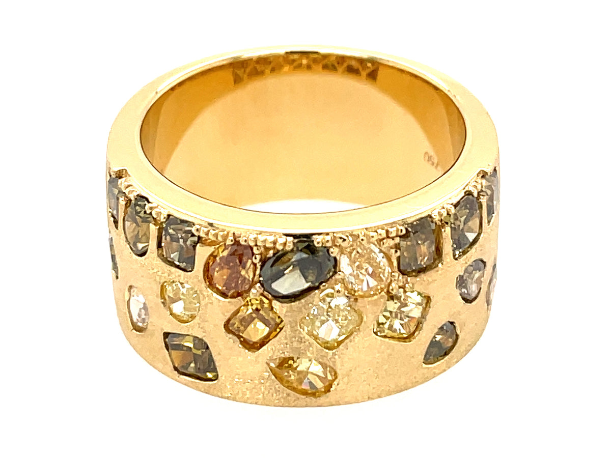 NATURAL FANCY COLOR DIAMOND FLUSH SET CIGAR BAND, 9.7MM, SATIN FINISH