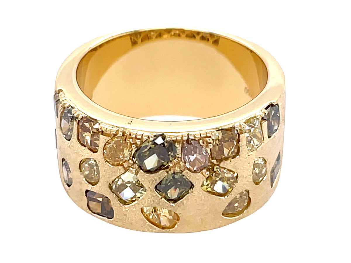 NATURAL FANCY COLOR DIAMOND FLUSH SET CIGAR BAND, 9.7MM, SATIN FINISH
