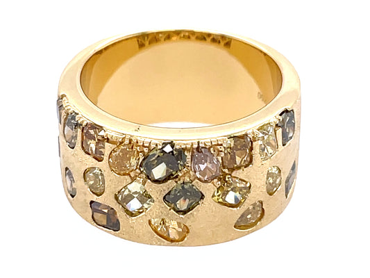 NATURAL FANCY COLOR DIAMOND FLUSH SET CIGAR BAND, 9.7MM, SATIN FINISH