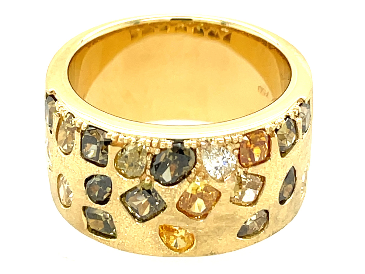 NATURAL FANCY COLOR DIAMOND FLUSH SET CIGAR BAND, 9.7MM, SATIN FINISH