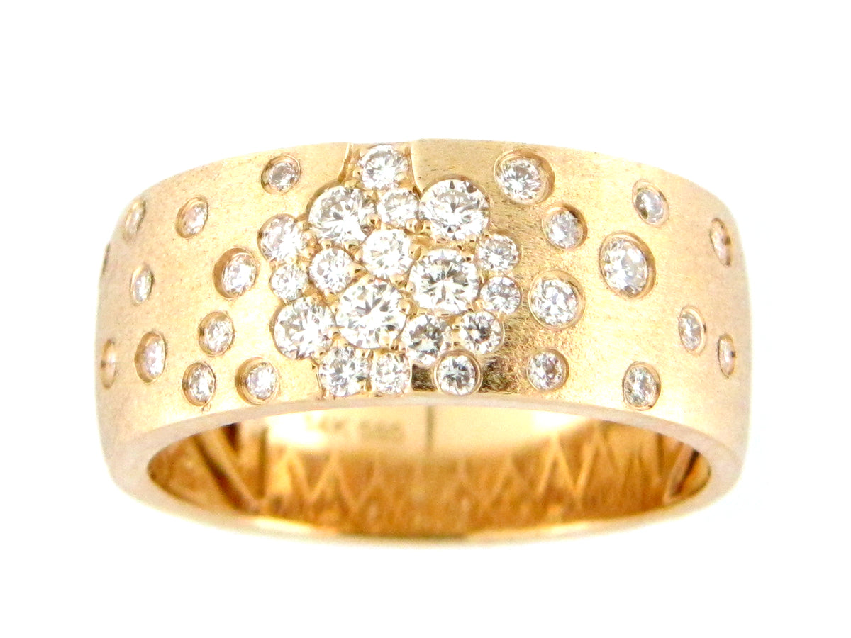 DIAMOND FLUSH SET SCATTER CIGAR BAND RING, SATIN FINISH, 14KY (N)