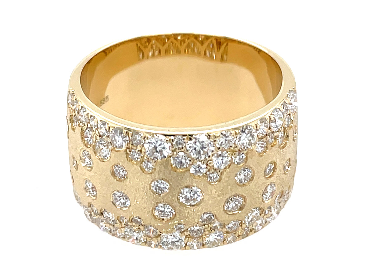 Diamond Scattered 12.3mm Wide Flush Set Cigar Ring, Satin Finish, 14ky (N)