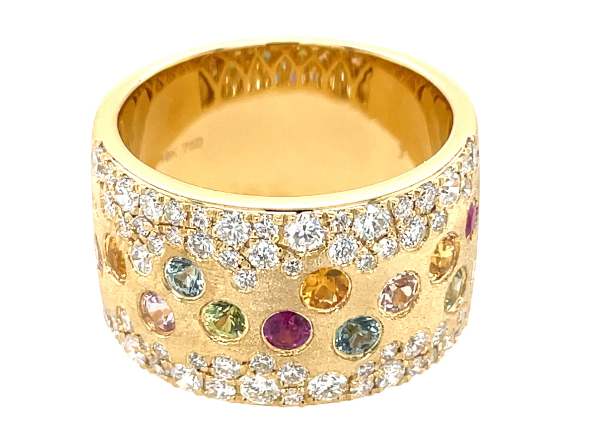 COLOR GEMS (CUSTOMER STONES) & DIAMOND SCATTERED FLUSH SET CIGAR RING, SATIN FINISH, 18KY, SIZE 9